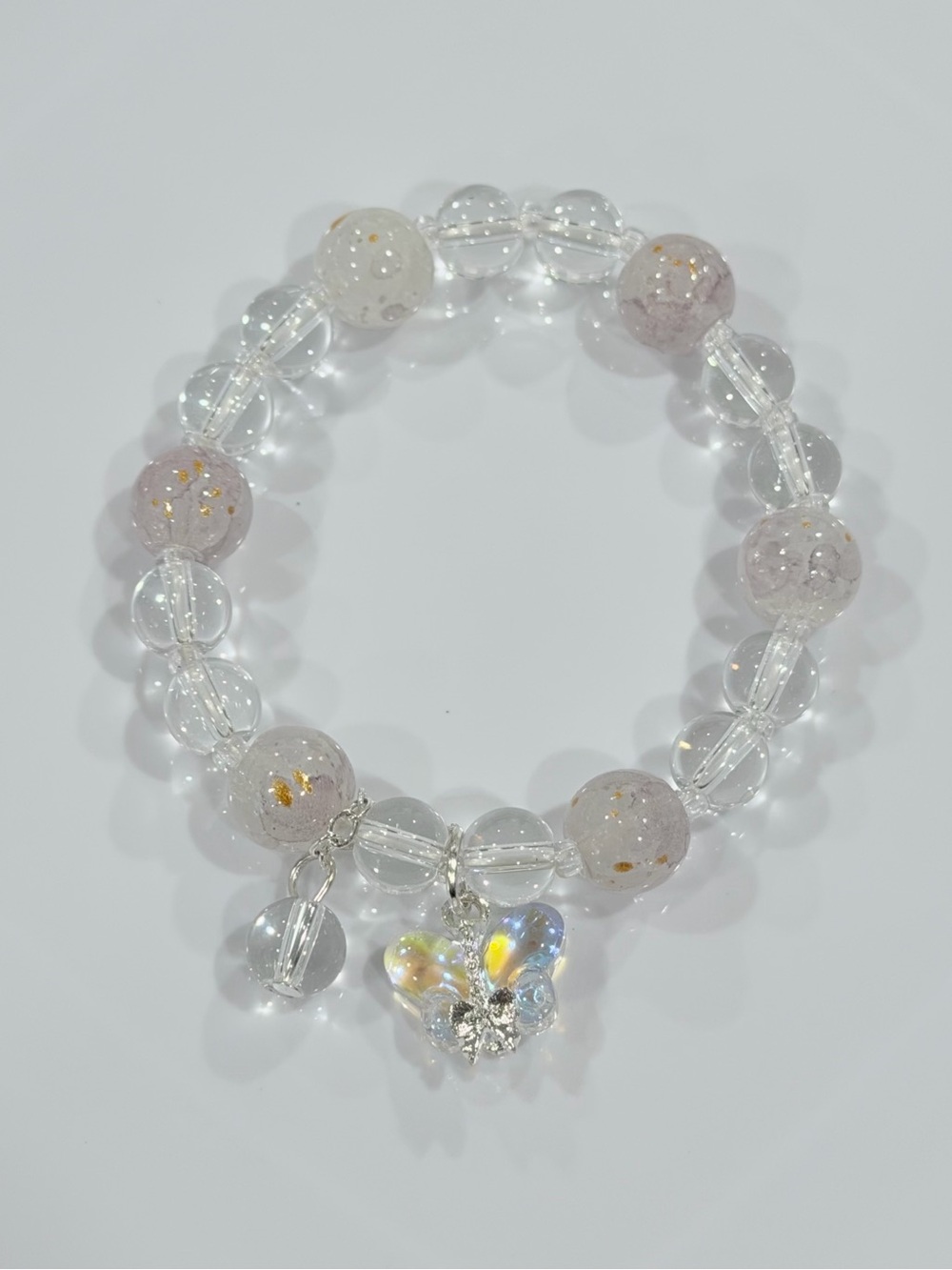Crystal Bead Bracelet with Iridescent Butterfly Charm - Clear & Pale Pink